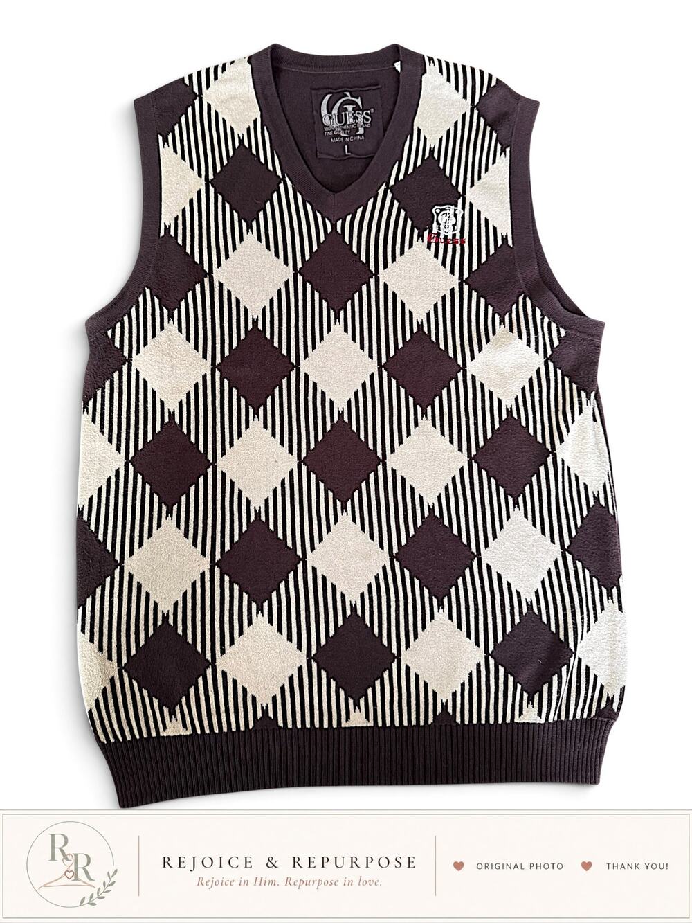 Vintage GUESS Brown & Cream Argyle Sweater Vest – Size Large